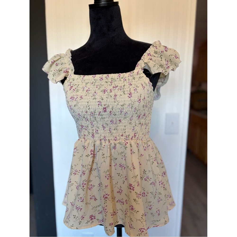 Floral Smocked Square-Neck Peplum Top - Cream with Pink Floral
